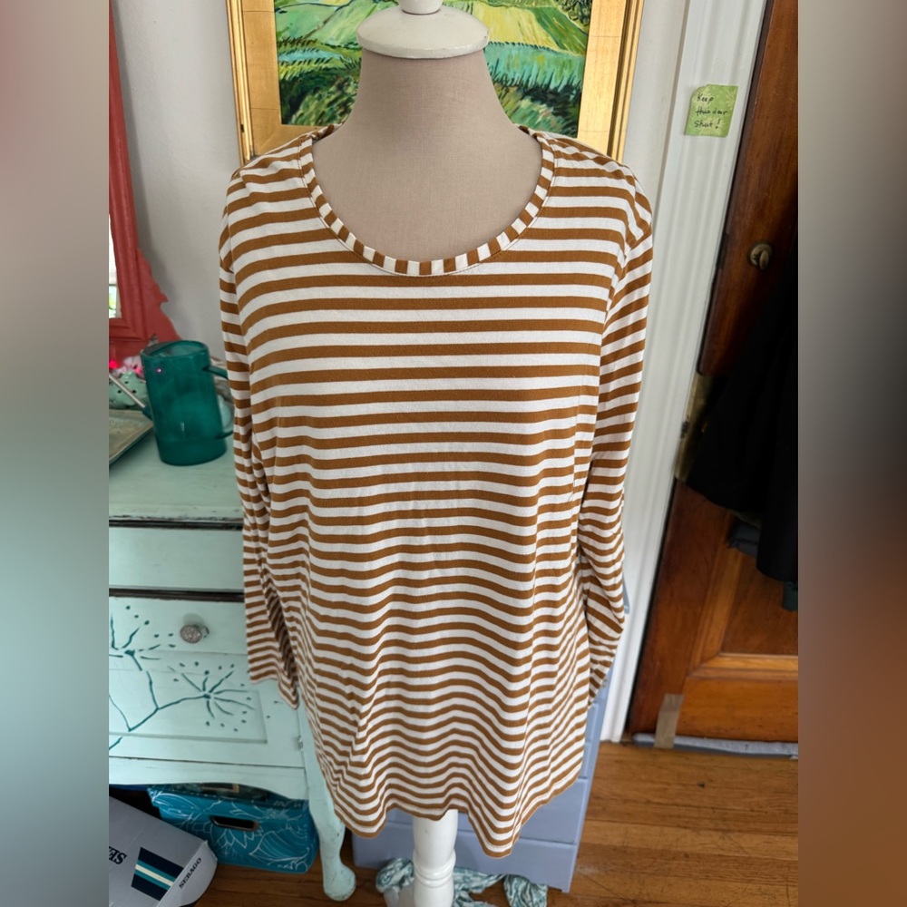 Gudrun Sjoden Striped Gold and White Long Sleeve Top Cotton Tee Shirt VGUC